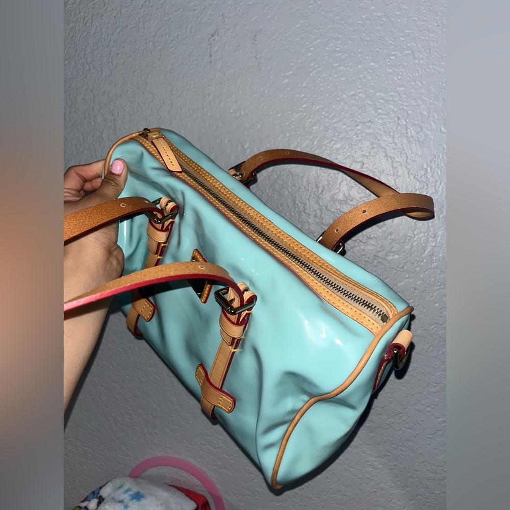 Dooney & Bourke Aqua Satchel with Tan Straps - Picture 8 of 11